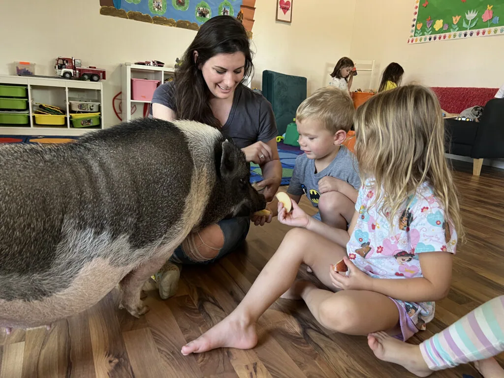 Adult woman supervises two young children petting a gray and white goat on a classroom floor